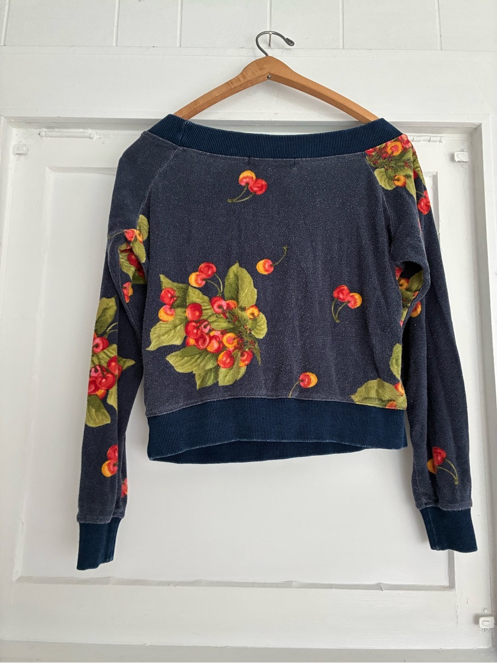 Hippie Beach Cherry Print Navy Cropped Sweatshirt - velour - scoop neck - Picture 5 of 9